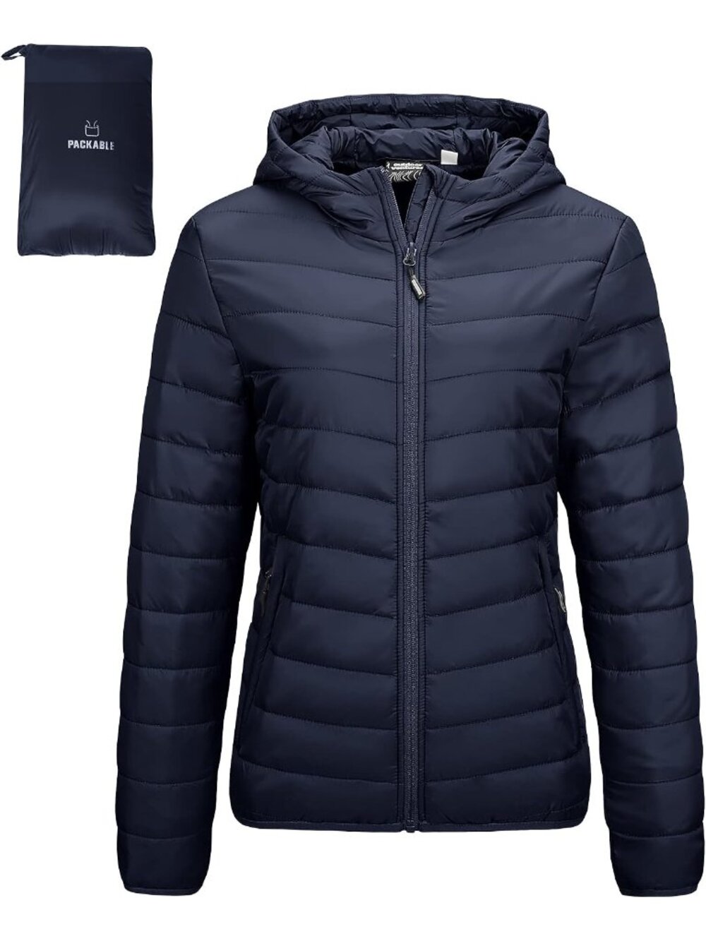 Women Dark Blue Solid Packable Hooded Full-Zip Warm Winter Quilted Puffer Jacket